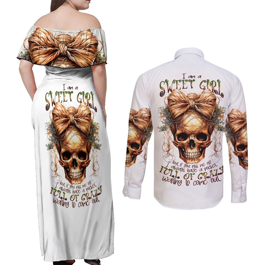 Girl Skull Couples Matching Off Shoulder Maxi Dress and Long Sleeve Button Shirts I Sweet Girl Full Of Crazy - Wonder Print Shop