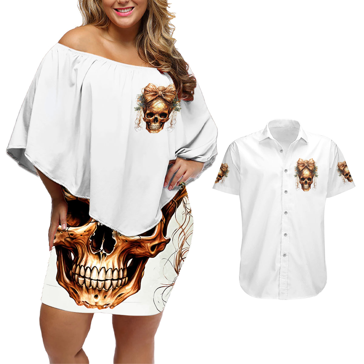 Girl Skull Couples Matching Off Shoulder Short Dress and Hawaiian Shirt I Sweet Girl Full Of Crazy - Wonder Print Shop
