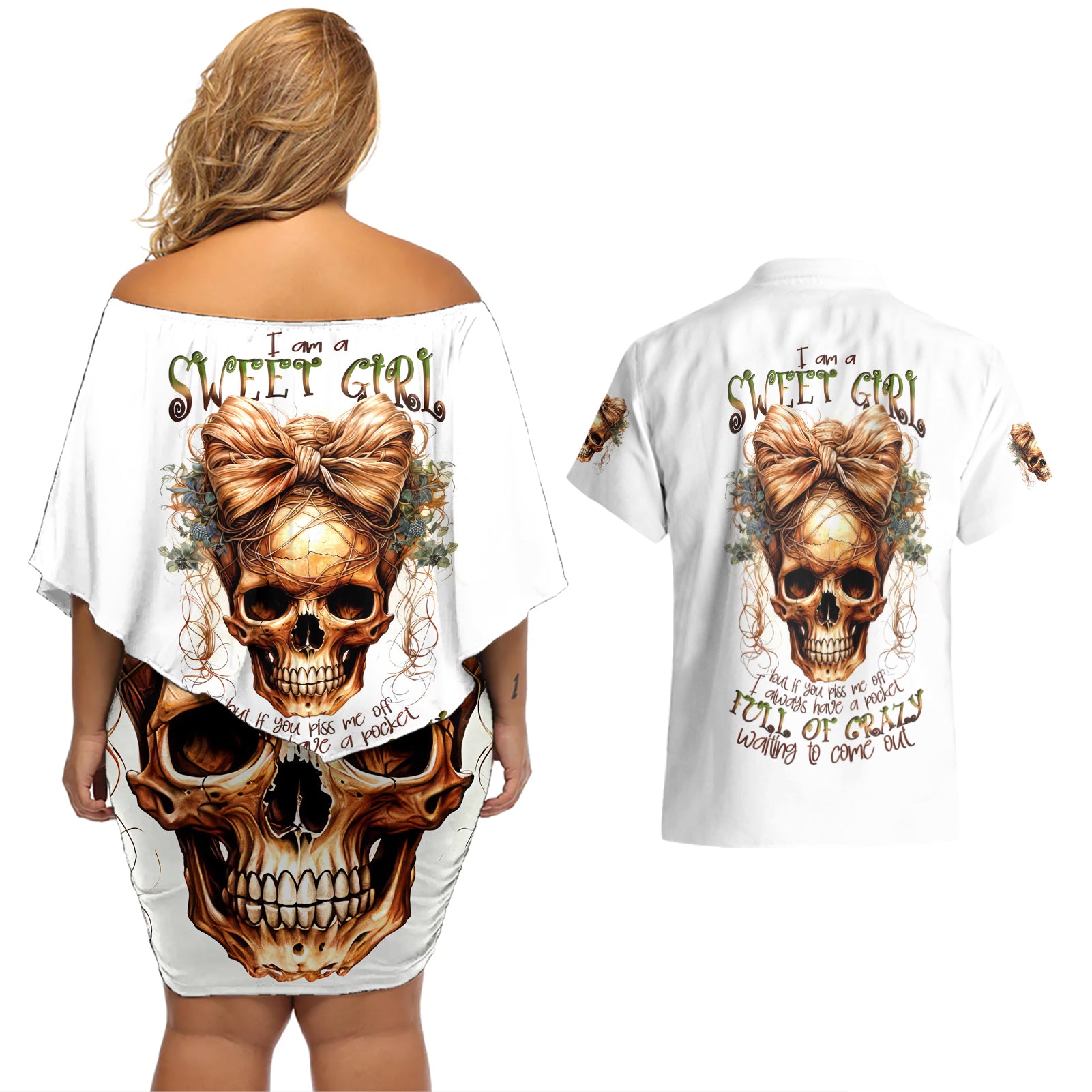 Girl Skull Couples Matching Off Shoulder Short Dress and Hawaiian Shirt I Sweet Girl Full Of Crazy - Wonder Print Shop