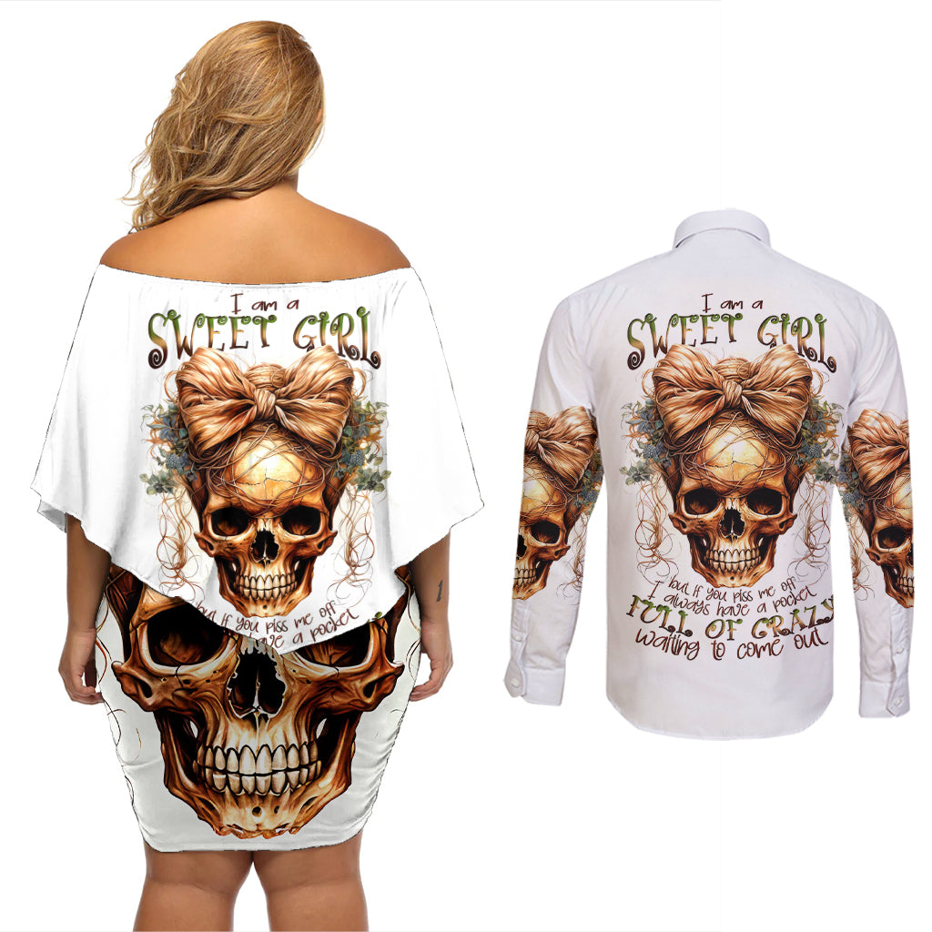 Girl Skull Couples Matching Off Shoulder Short Dress and Long Sleeve Button Shirts I Sweet Girl Full Of Crazy - Wonder Print Shop
