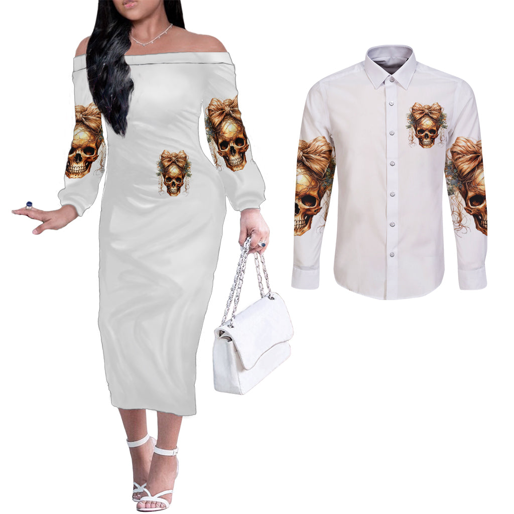 Girl Skull Couples Matching Off The Shoulder Long Sleeve Dress and Long Sleeve Button Shirts I Sweet Girl Full Of Crazy DT01