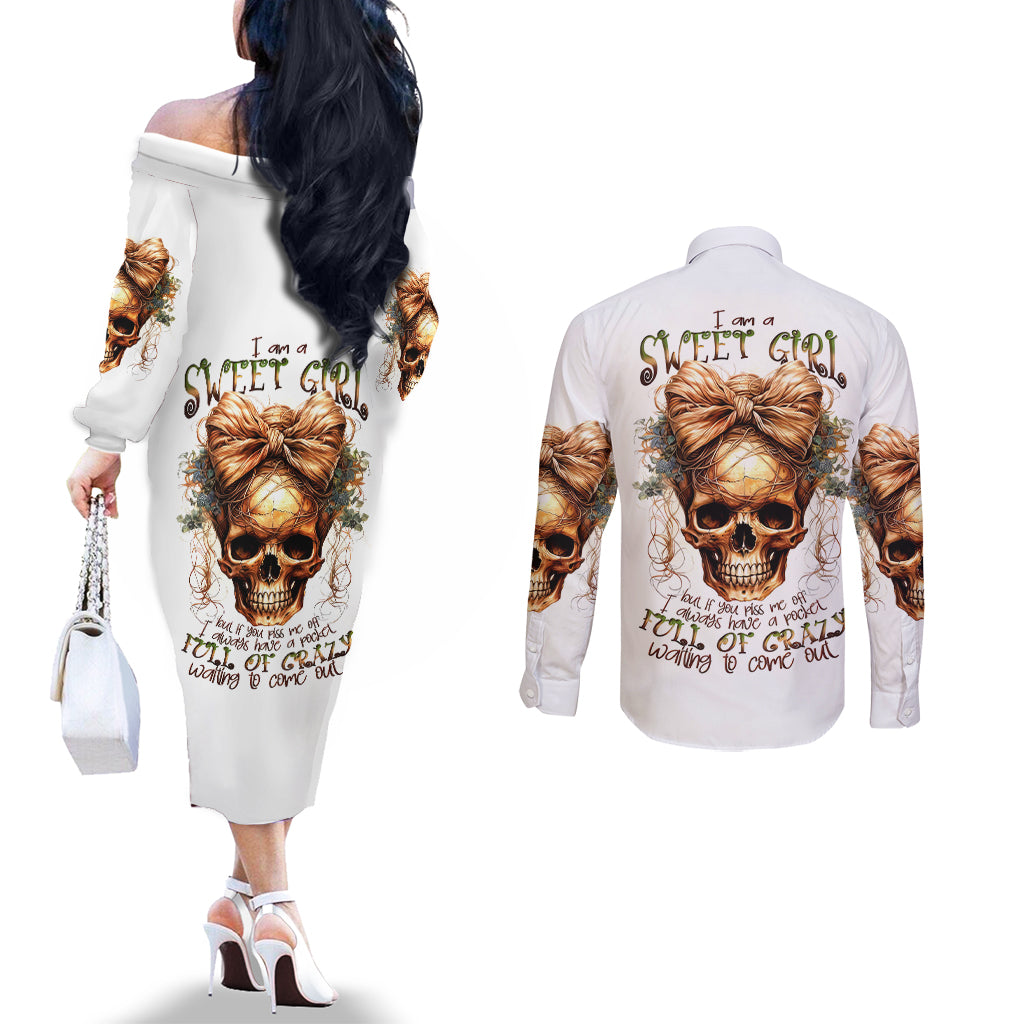 Girl Skull Couples Matching Off The Shoulder Long Sleeve Dress and Long Sleeve Button Shirts I Sweet Girl Full Of Crazy DT01