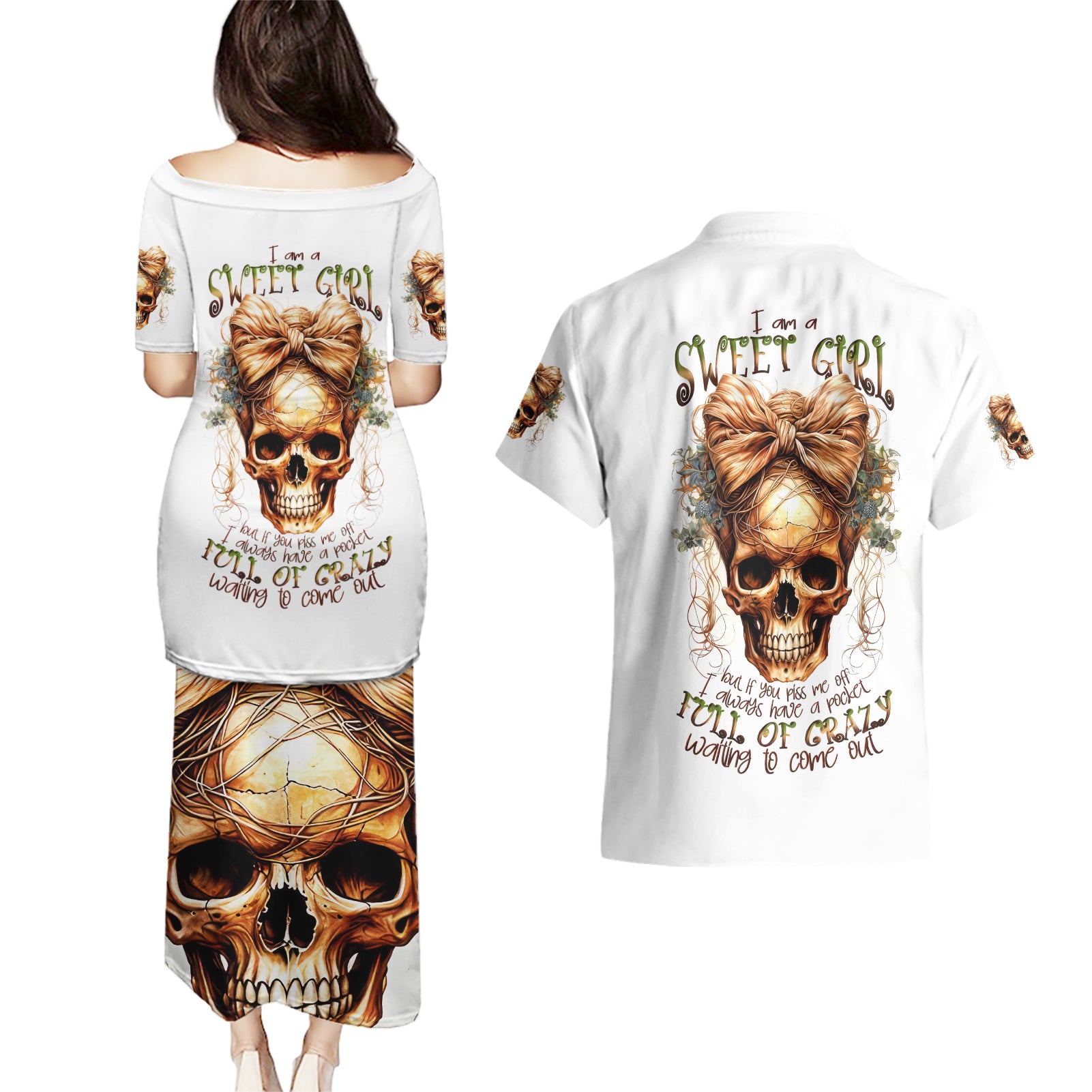 Girl Skull Couples Matching Puletasi Dress and Hawaiian Shirt I Sweet Girl Full Of Crazy - Wonder Print Shop