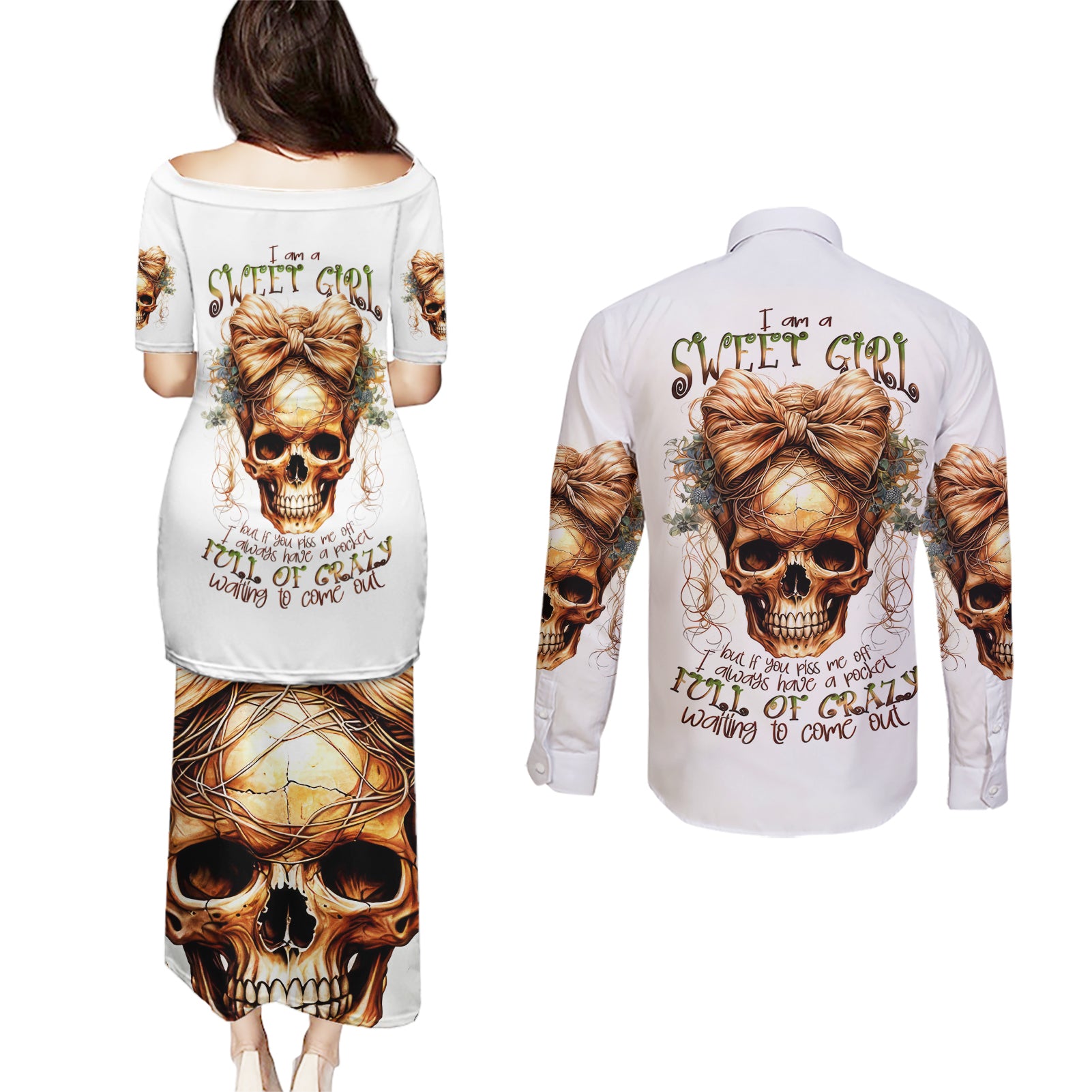 Girl Skull Couples Matching Puletasi Dress and Long Sleeve Button Shirts I Sweet Girl Full Of Crazy - Wonder Print Shop