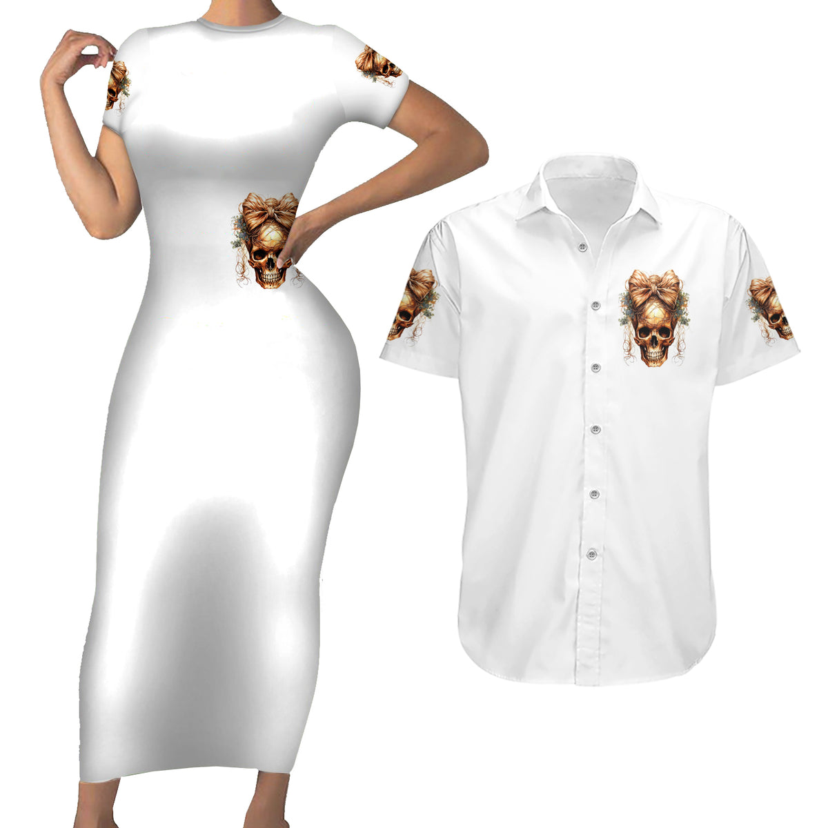 Girl Skull Couples Matching Short Sleeve Bodycon Dress and Hawaiian Shirt I Sweet Girl Full Of Crazy - Wonder Print Shop