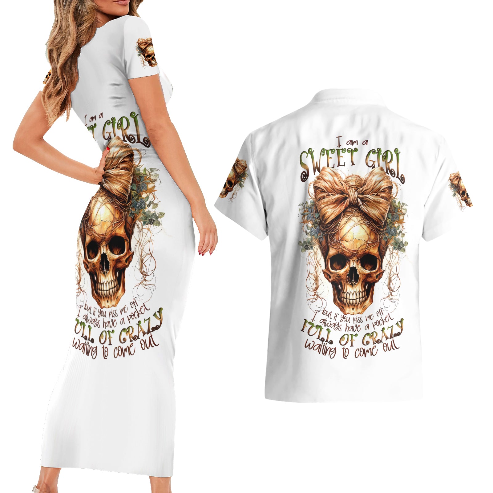 Girl Skull Couples Matching Short Sleeve Bodycon Dress and Hawaiian Shirt I Sweet Girl Full Of Crazy - Wonder Print Shop