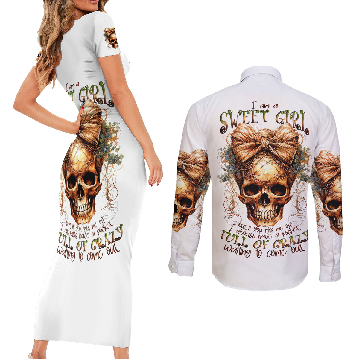 Girl Skull Couples Matching Short Sleeve Bodycon Dress and Long Sleeve Button Shirts I Sweet Girl Full Of Crazy - Wonder Print Shop