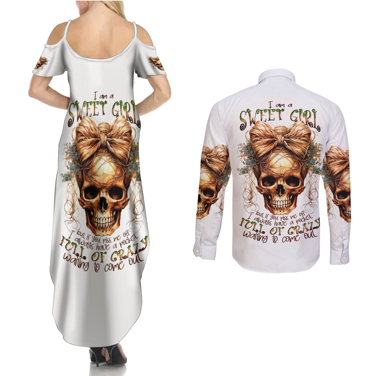 Girl Skull Couples Matching Summer Maxi Dress and Long Sleeve Button Shirts I Sweet Girl Full Of Crazy - Wonder Print Shop