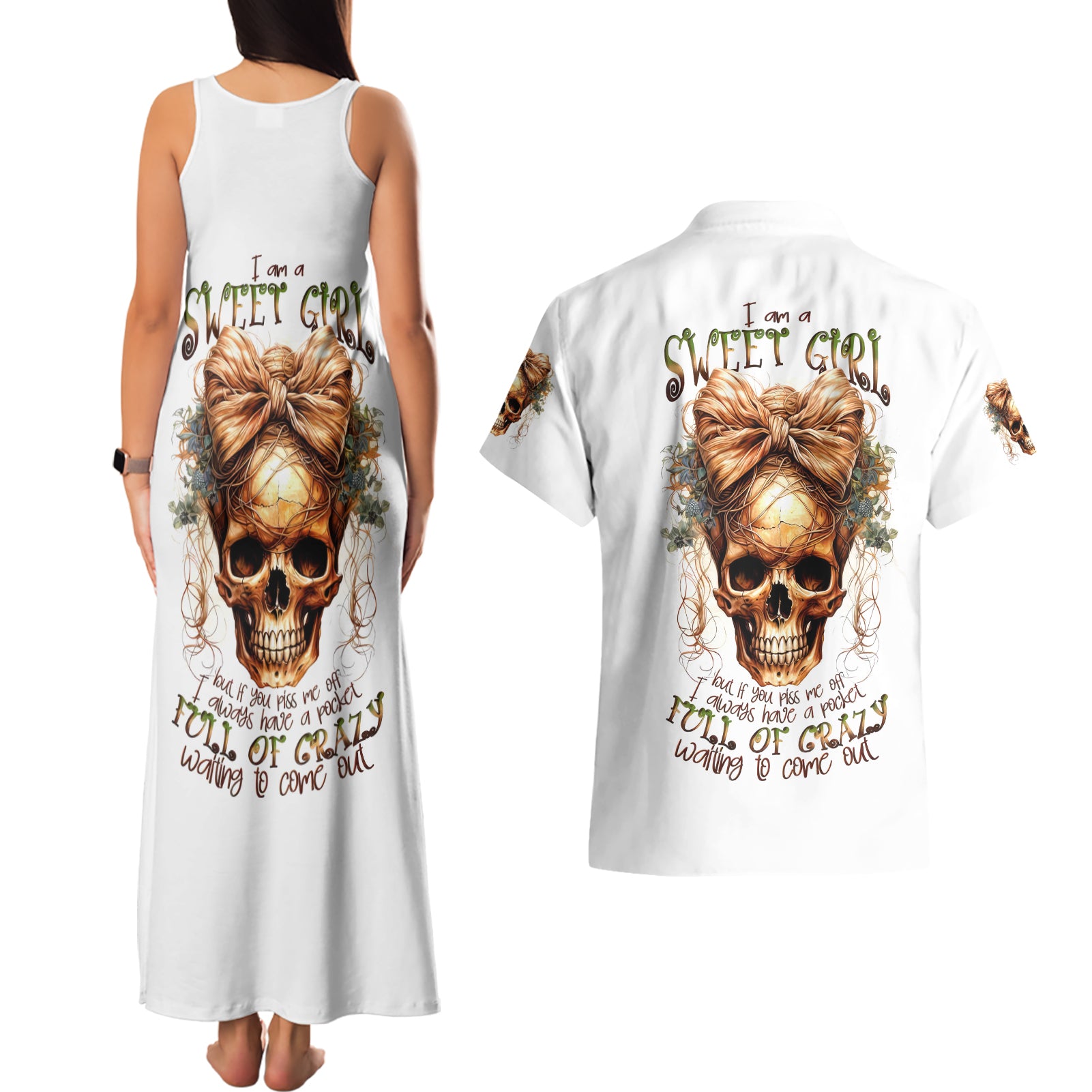 Girl Skull Couples Matching Tank Maxi Dress and Hawaiian Shirt I Sweet Girl Full Of Crazy - Wonder Print Shop