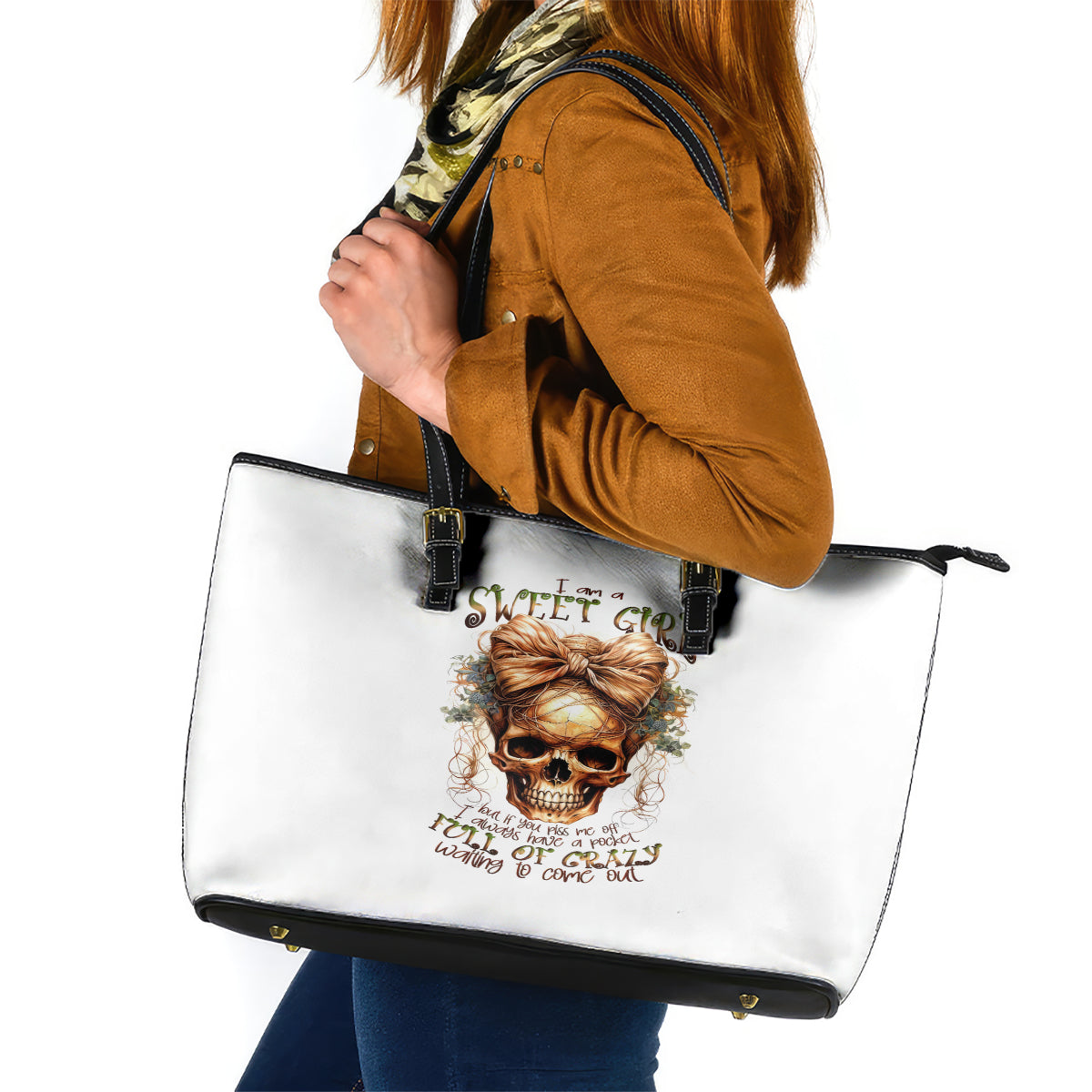 Girl Skull Leather Tote Bag I Sweet Girl Full Of Crazy - Wonder Print Shop