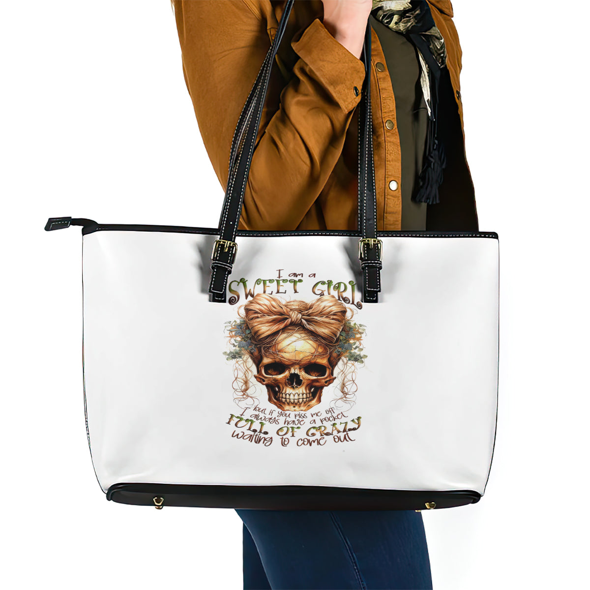 Girl Skull Leather Tote Bag I Sweet Girl Full Of Crazy - Wonder Print Shop