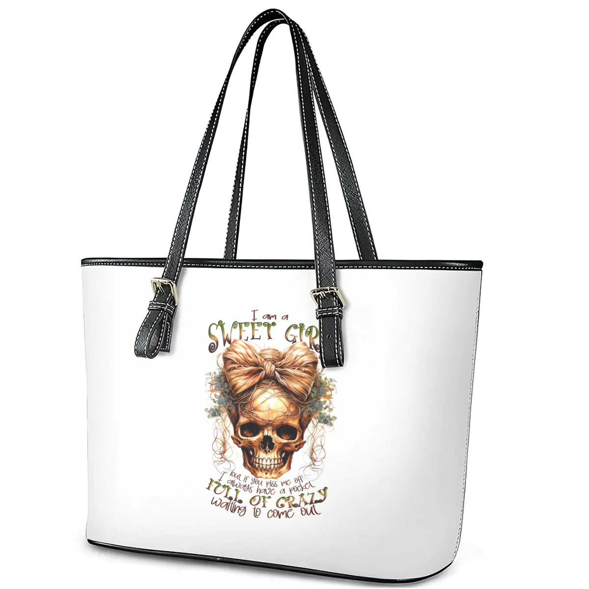 Girl Skull Leather Tote Bag I Sweet Girl Full Of Crazy - Wonder Print Shop
