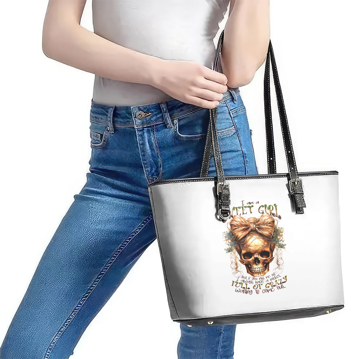 Girl Skull Leather Tote Bag I Sweet Girl Full Of Crazy - Wonder Print Shop