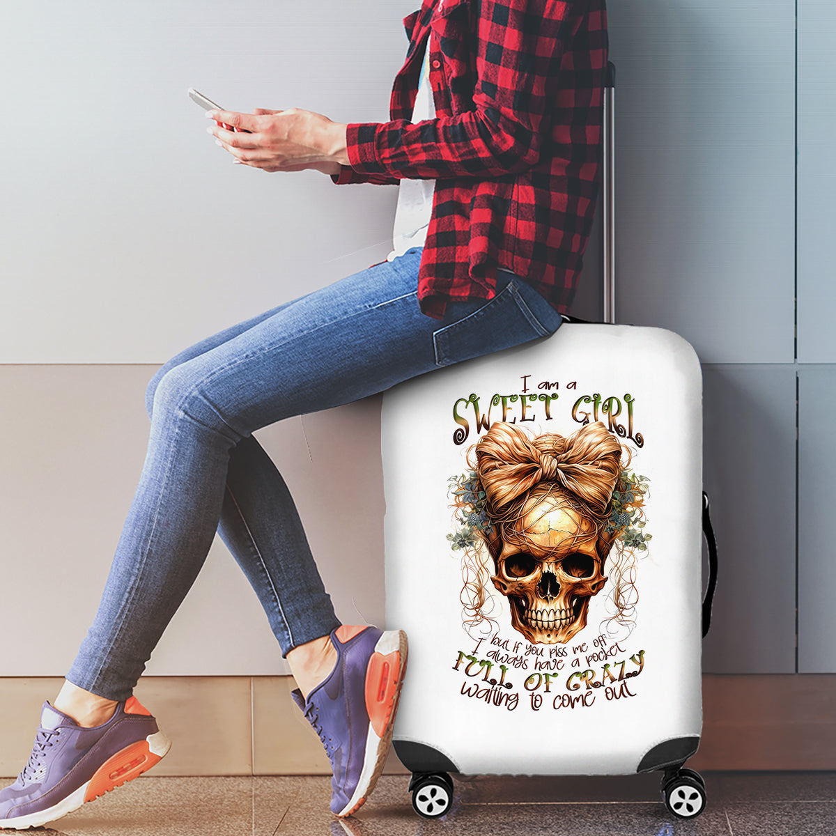 Girl Skull Luggage Cover I Sweet Girl Full Of Crazy - Wonder Print Shop