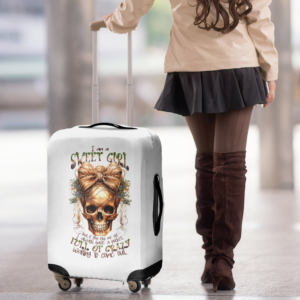 Girl Skull Luggage Cover I Sweet Girl Full Of Crazy - Wonder Print Shop