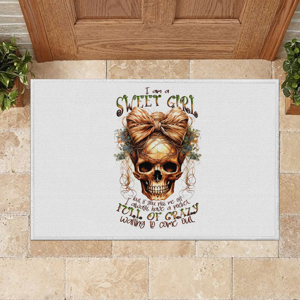 Girl Skull Rubber Doormat I Sweet Girl Full Of Crazy - Wonder Print Shop