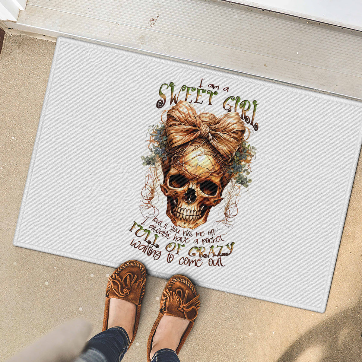 Girl Skull Rubber Doormat I Sweet Girl Full Of Crazy - Wonder Print Shop