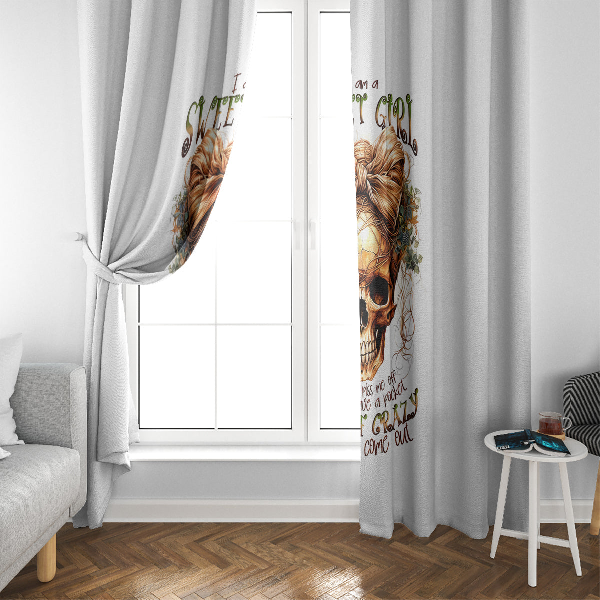 Girl Skull Window Curtain I Sweet Girl Full Of Crazy - Wonder Print Shop