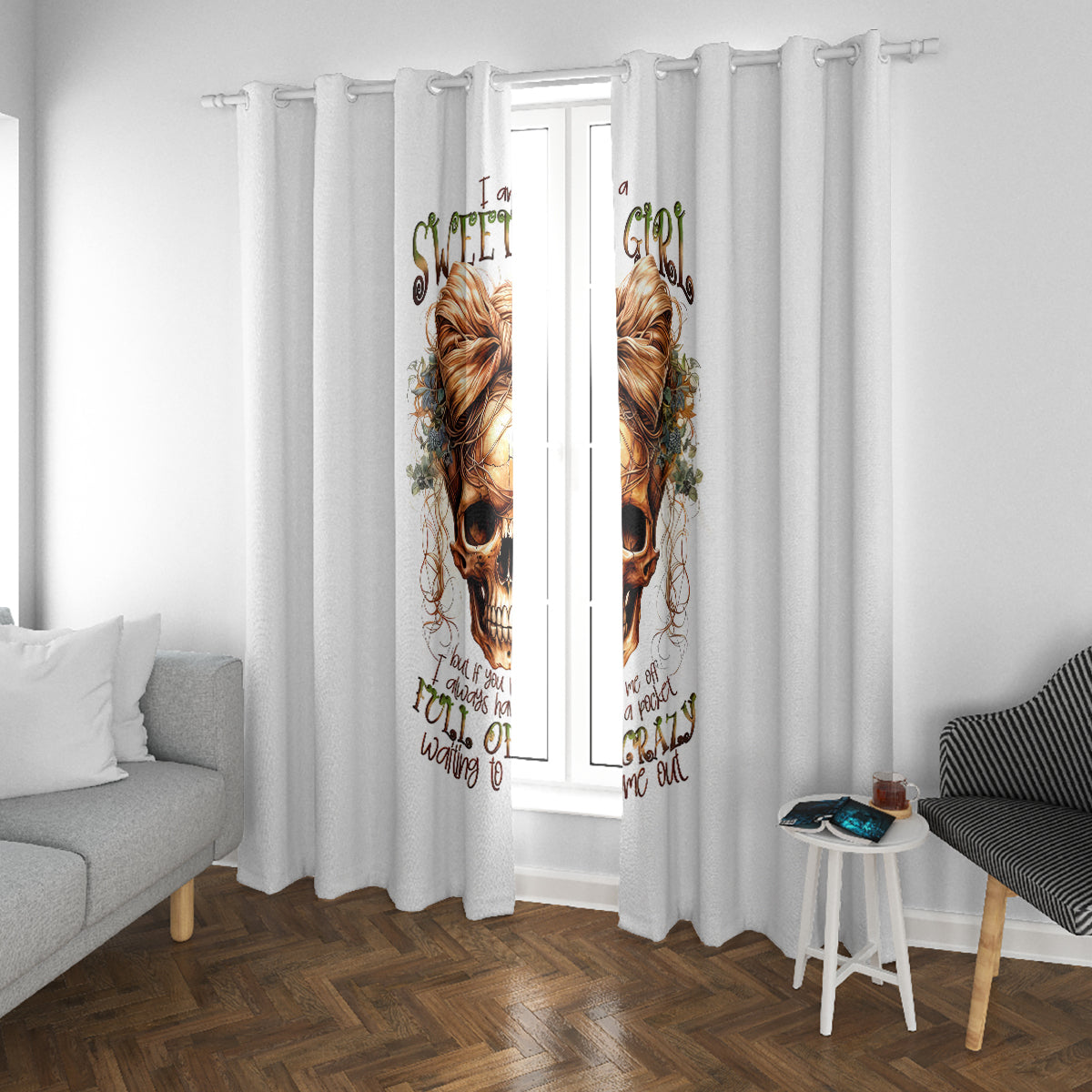 Girl Skull Window Curtain I Sweet Girl Full Of Crazy - Wonder Print Shop