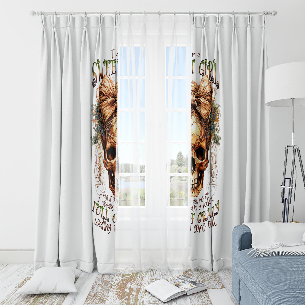 Girl Skull Window Curtain I Sweet Girl Full Of Crazy - Wonder Print Shop