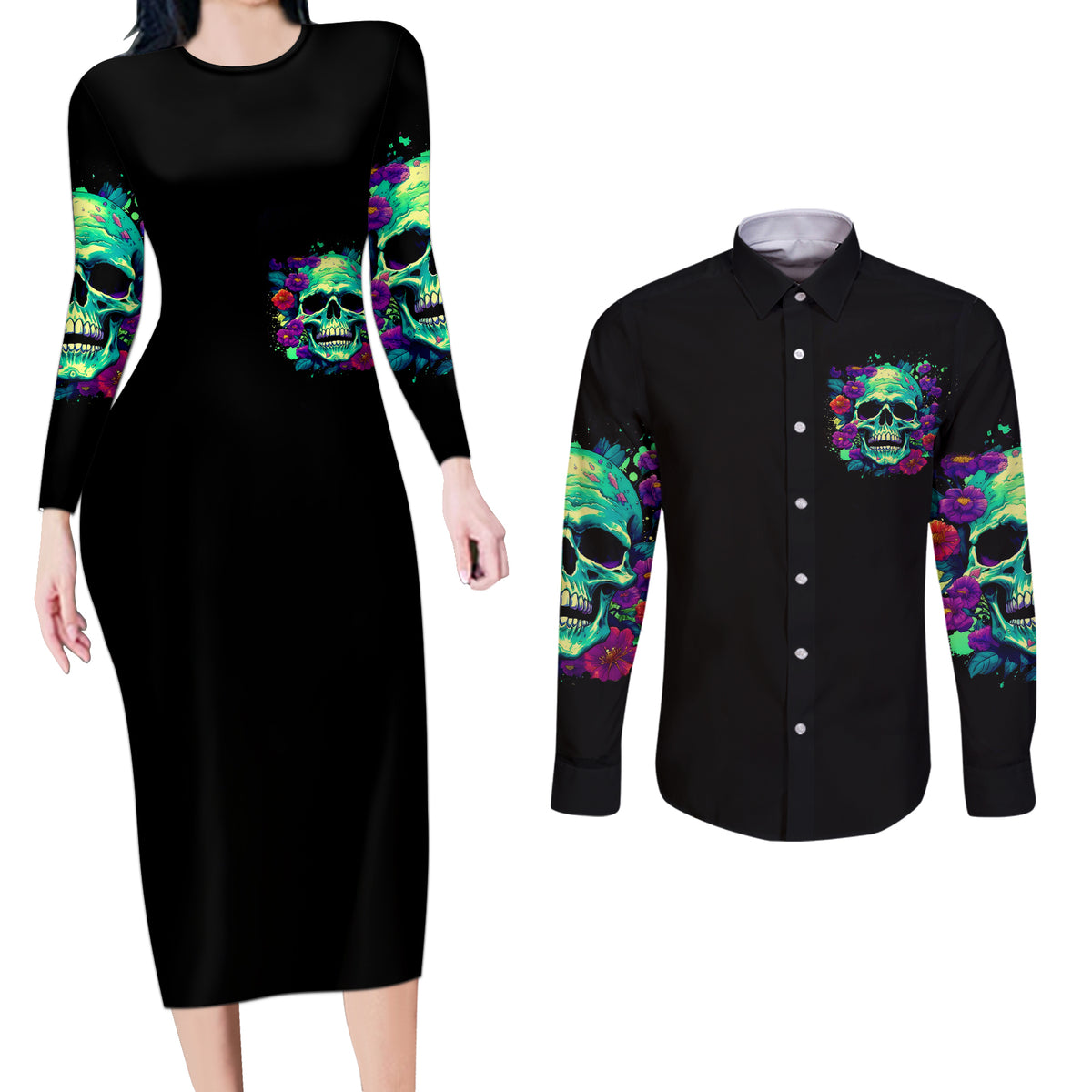 Flower Skull Couples Matching Long Sleeve Bodycon Dress and Long Sleeve Button Shirts I Blunt Because God Rolled Me That Way - Wonder Print Shop