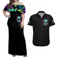 Flower Skull Couples Matching Off Shoulder Maxi Dress and Hawaiian Shirt I Blunt Because God Rolled Me That Way - Wonder Print Shop