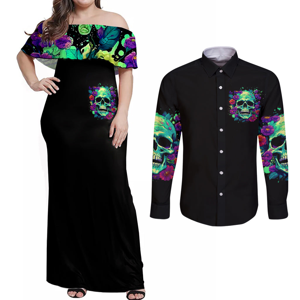 Flower Skull Couples Matching Off Shoulder Maxi Dress and Long Sleeve Button Shirts I Blunt Because God Rolled Me That Way - Wonder Print Shop