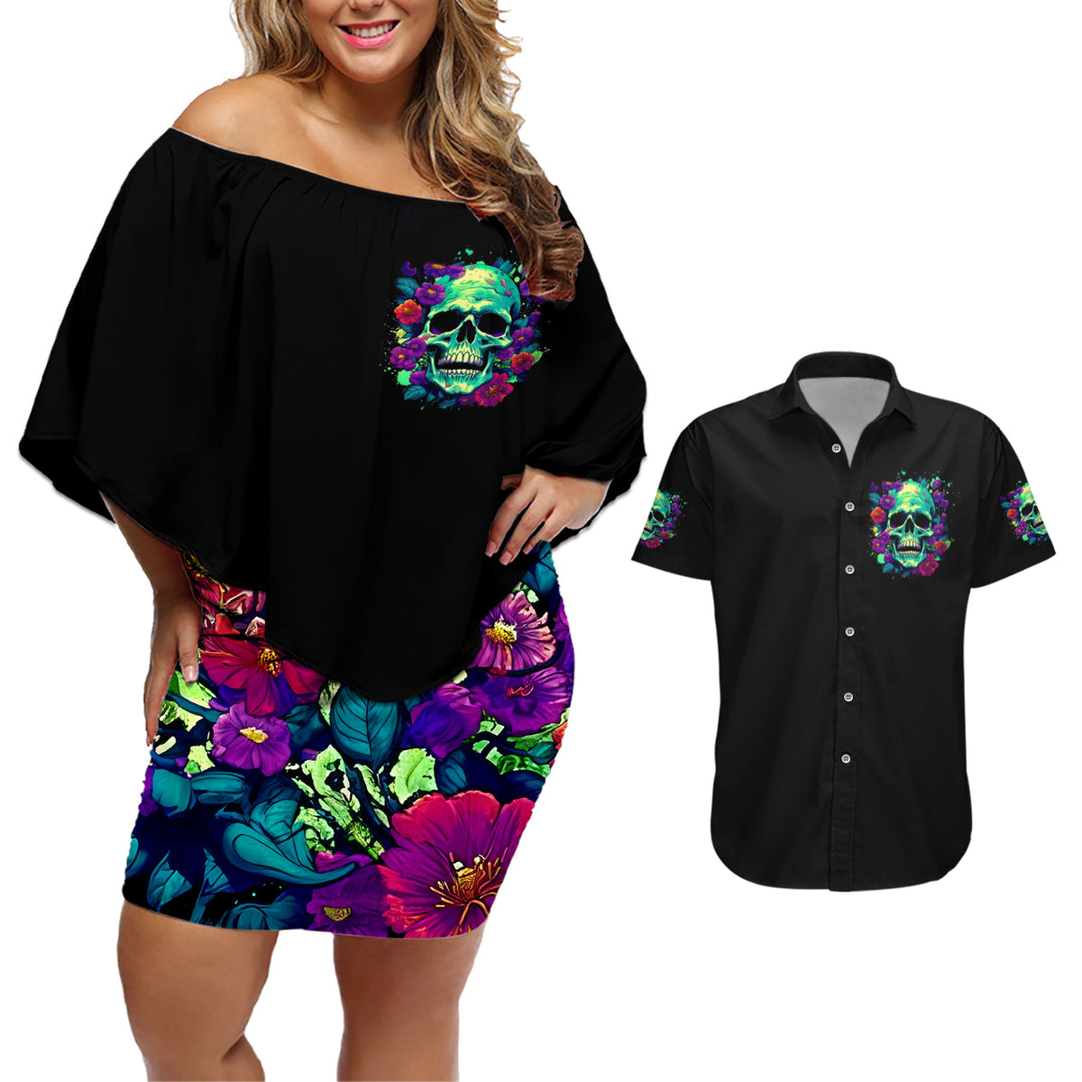 Flower Skull Couples Matching Off Shoulder Short Dress and Hawaiian Shirt I Blunt Because God Rolled Me That Way - Wonder Print Shop