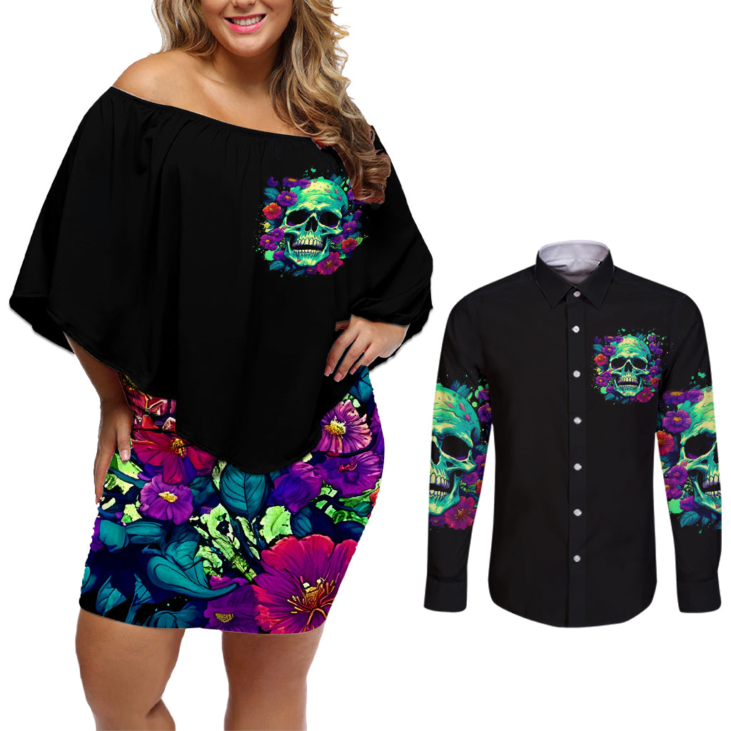 Flower Skull Couples Matching Off Shoulder Short Dress and Long Sleeve Button Shirts I Blunt Because God Rolled Me That Way - Wonder Print Shop