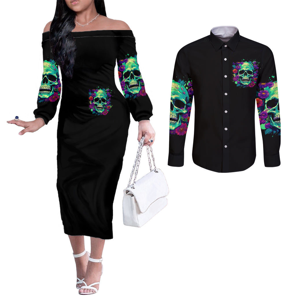Flower Skull Couples Matching Off The Shoulder Long Sleeve Dress and Long Sleeve Button Shirts I Blunt Because God Rolled Me That Way DT01