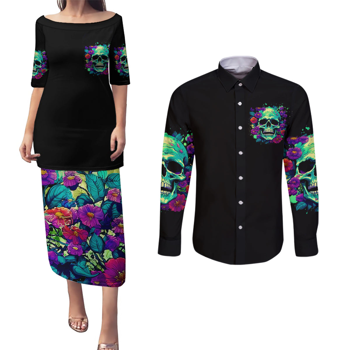 Flower Skull Couples Matching Puletasi Dress and Long Sleeve Button Shirts I Blunt Because God Rolled Me That Way - Wonder Print Shop