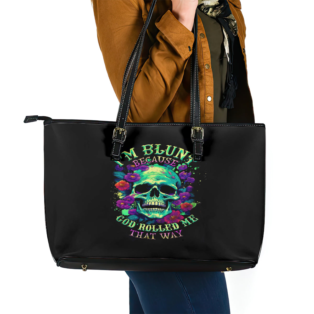 Flower Skull Leather Tote Bag I Blunt Because God Rolled Me That Way - Wonder Print Shop