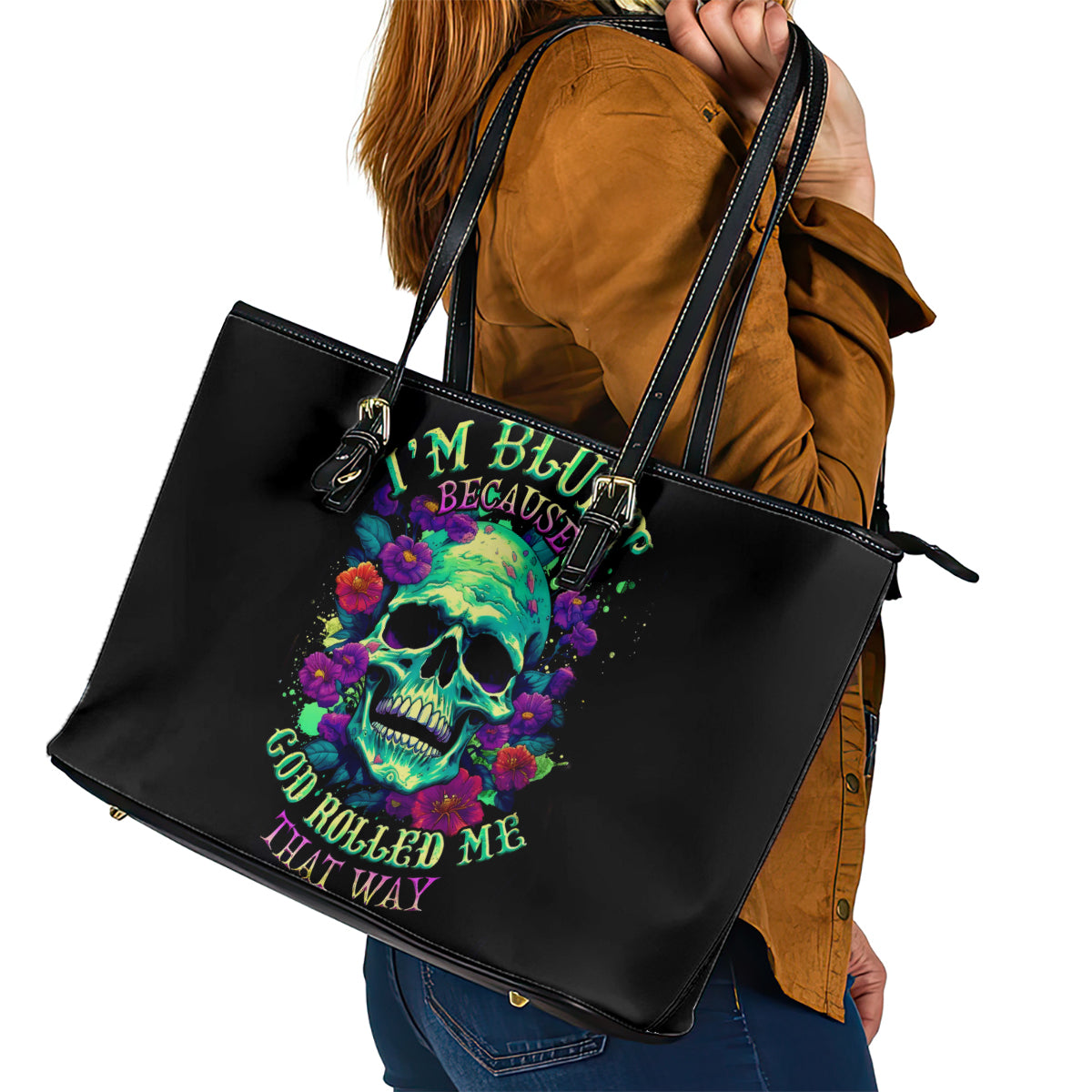 Flower Skull Leather Tote Bag I Blunt Because God Rolled Me That Way - Wonder Print Shop