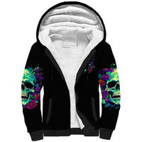 Black sherpa hoodie with white fleece-lined hood and colorful skull-flower sleeves