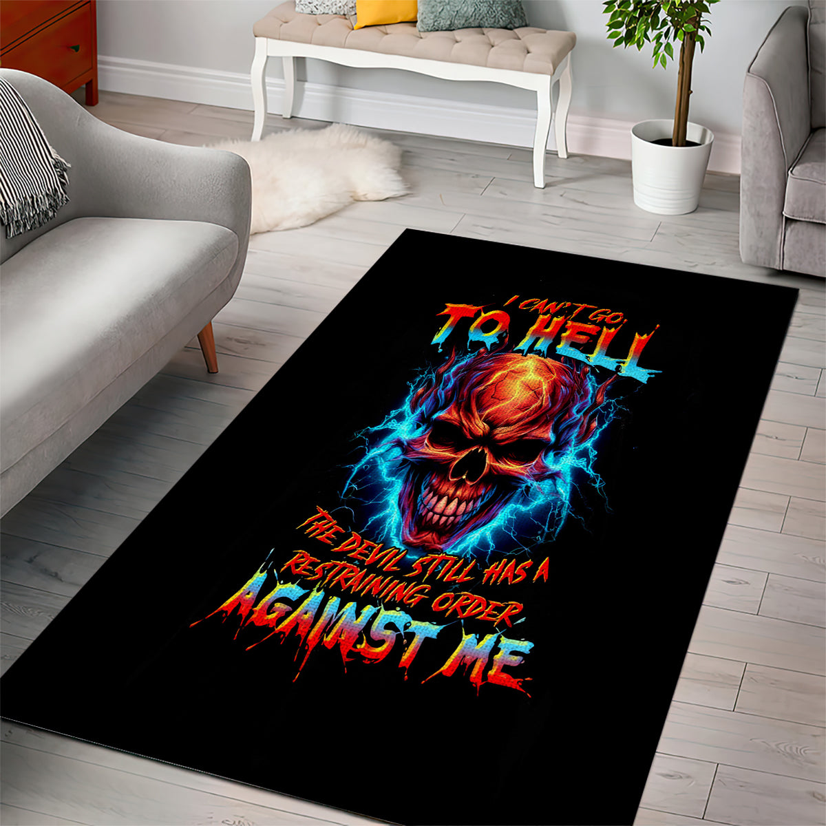 Thunder Skull Area Rug I Can't Go To Hell Devil Restrainning Order Against Me - Wonder Print Shop