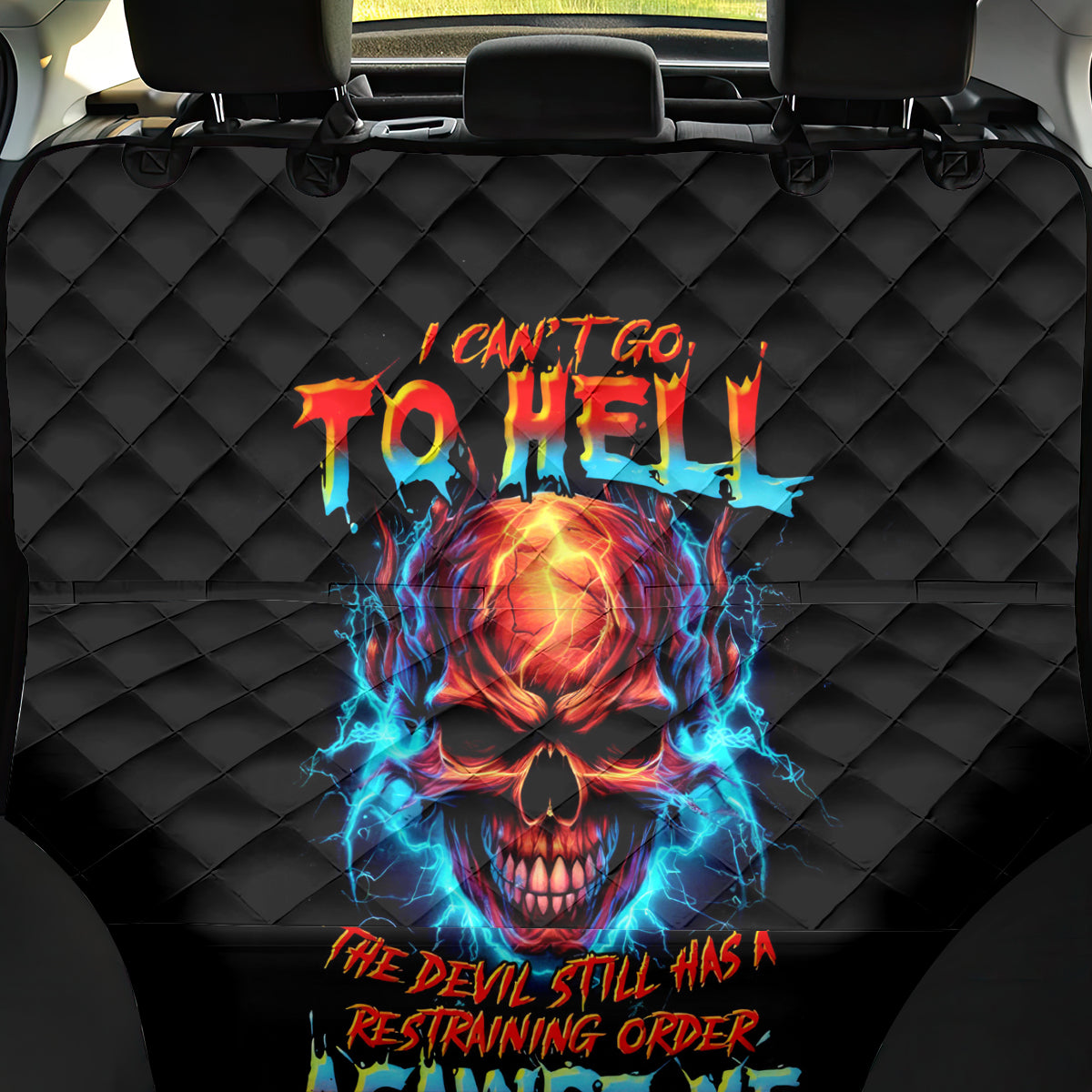 Thunder Skull Back Car Seat Cover I Can't Go To Hell Devil Restrainning Order Against Me - Wonder Print Shop