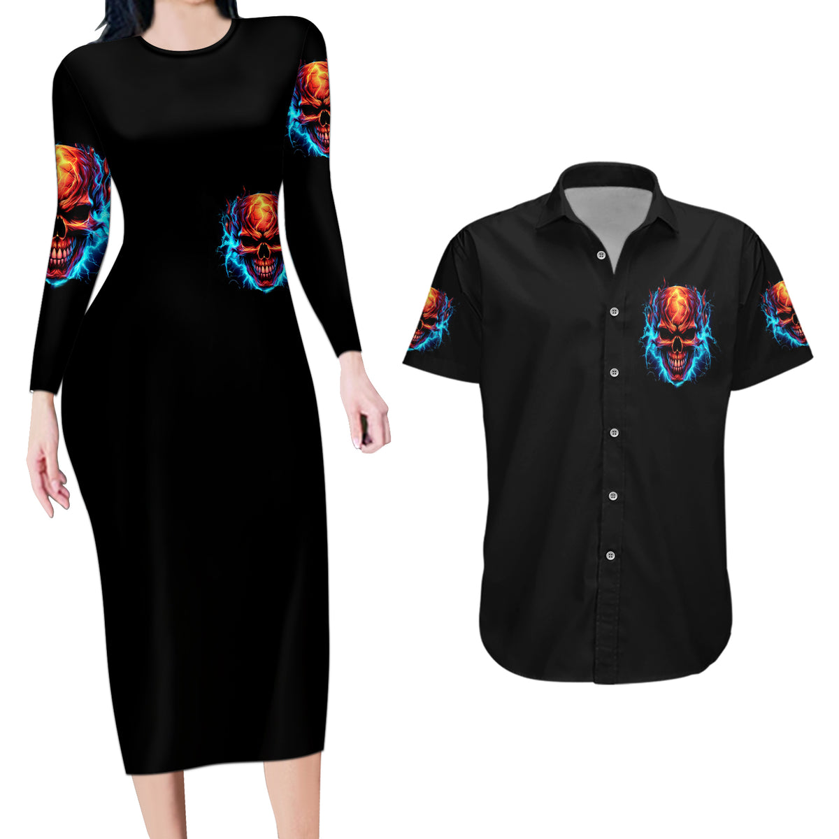 Thunder Skull Couples Matching Long Sleeve Bodycon Dress and Hawaiian Shirt I Can't Go To Hell Devil Restrainning Order Against Me - Wonder Print Shop