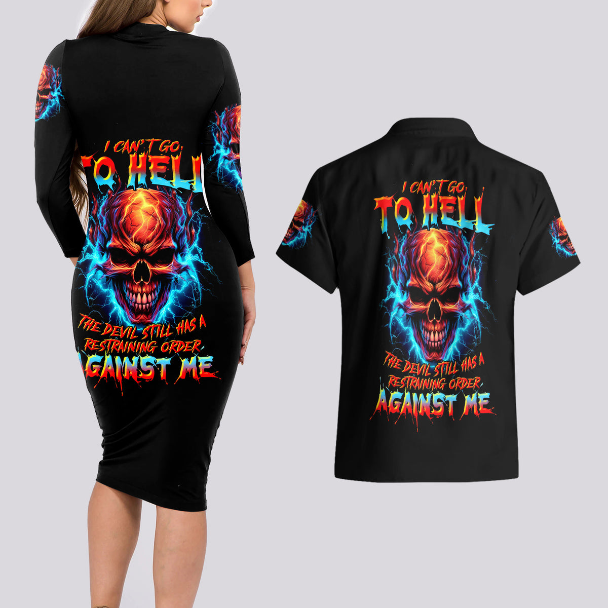 Thunder Skull Couples Matching Long Sleeve Bodycon Dress and Hawaiian Shirt I Can't Go To Hell Devil Restrainning Order Against Me - Wonder Print Shop