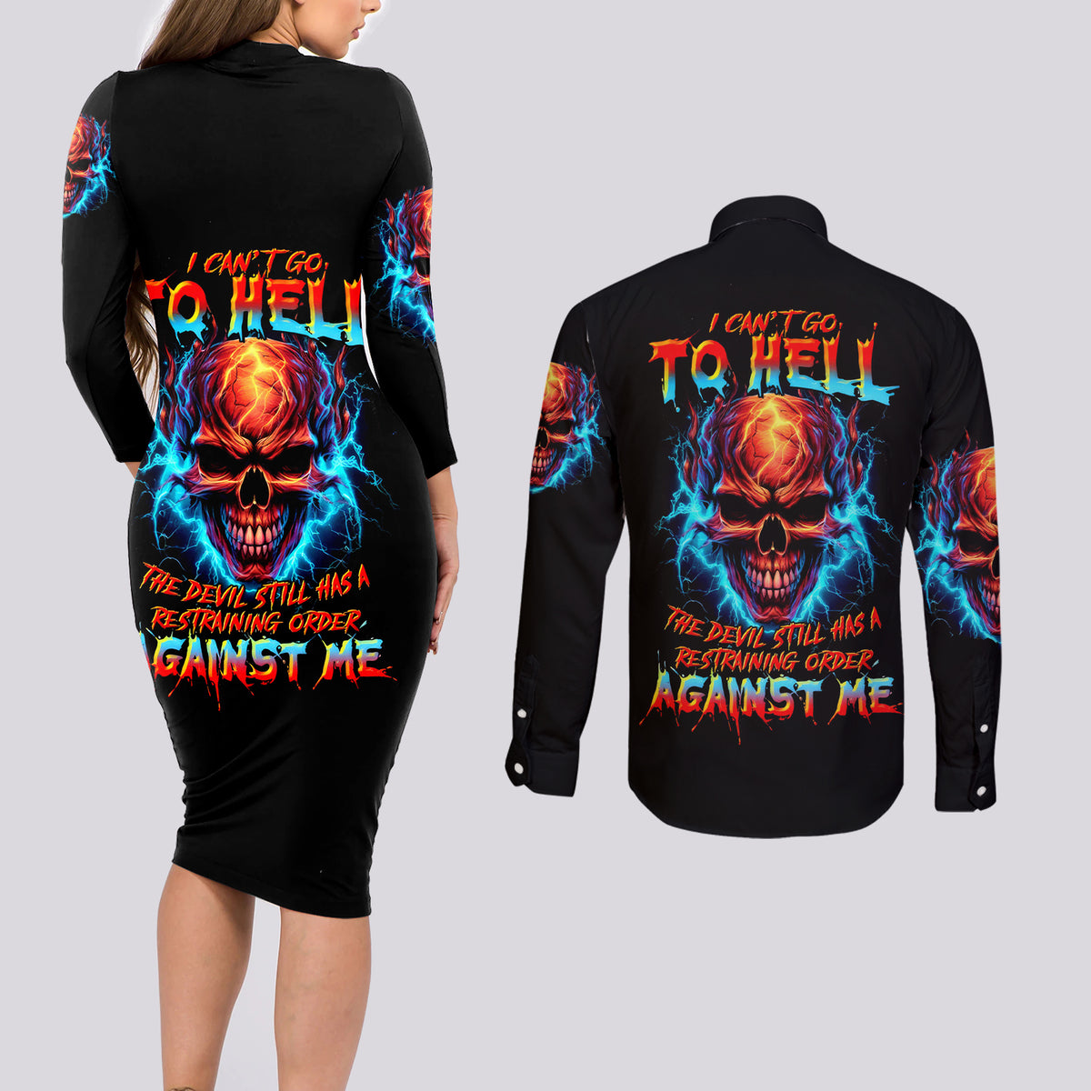Thunder Skull Couples Matching Long Sleeve Bodycon Dress and Long Sleeve Button Shirts I Can't Go To Hell Devil Restrainning Order Against Me - Wonder Print Shop