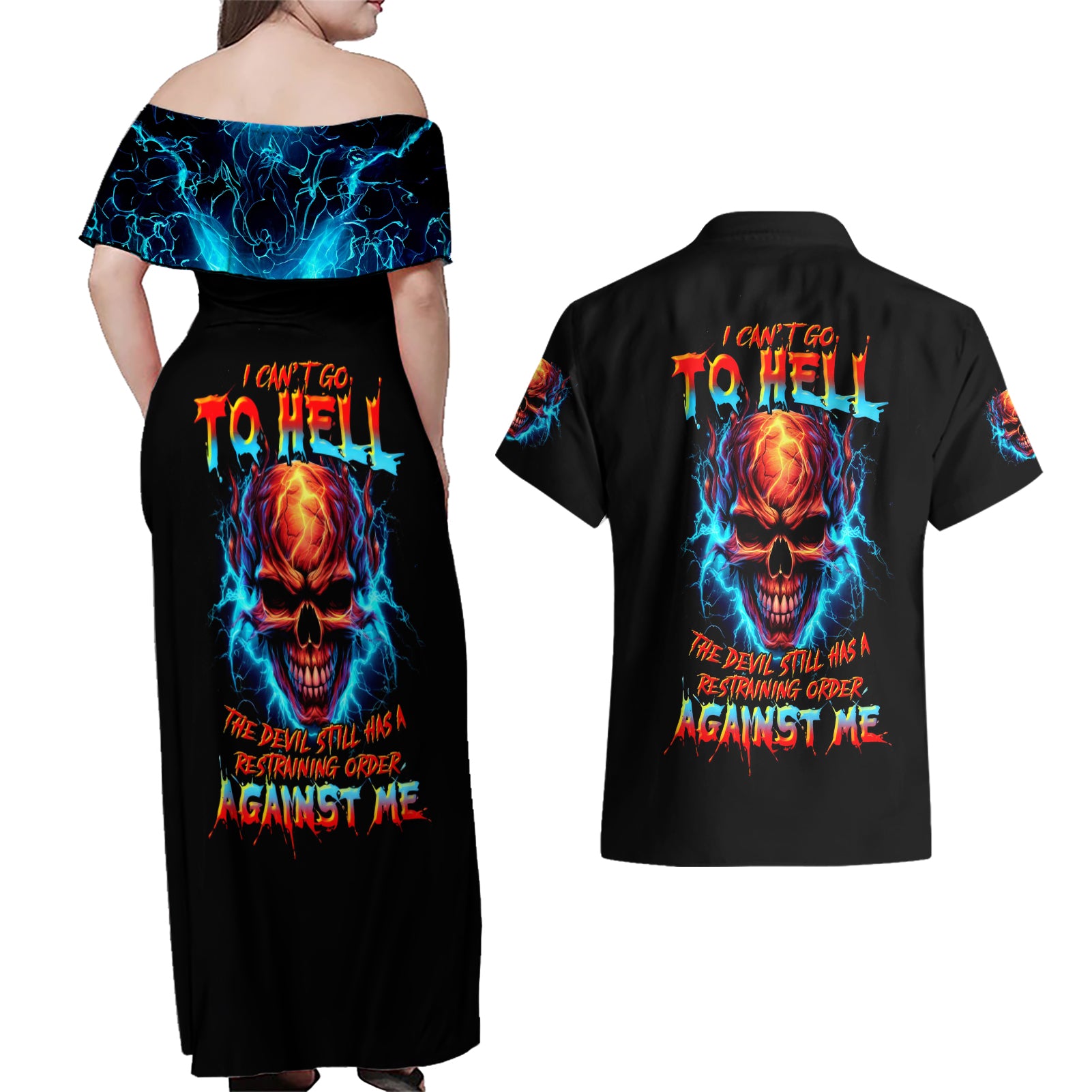 Thunder Skull Couples Matching Off Shoulder Maxi Dress and Hawaiian Shirt I Can't Go To Hell Devil Restrainning Order Against Me - Wonder Print Shop