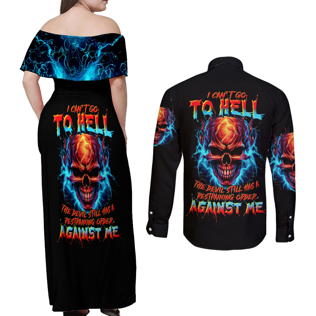 Thunder Skull Couples Matching Off Shoulder Maxi Dress and Long Sleeve Button Shirts I Can't Go To Hell Devil Restrainning Order Against Me - Wonder Print Shop