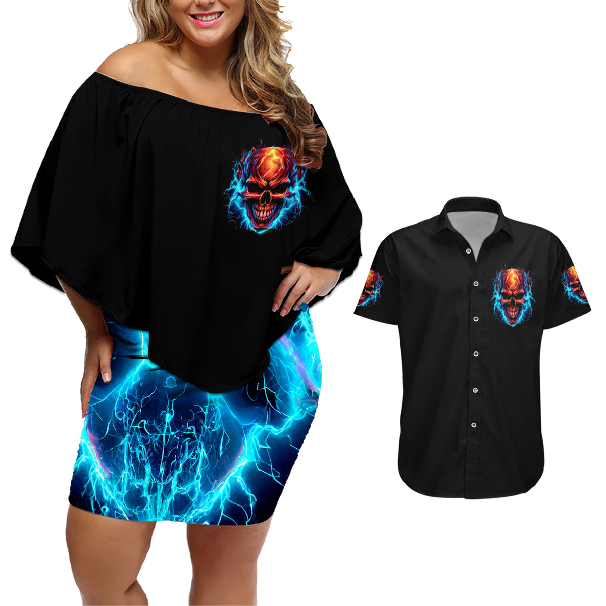 Thunder Skull Couples Matching Off Shoulder Short Dress and Hawaiian Shirt I Can't Go To Hell Devil Restrainning Order Against Me - Wonder Print Shop