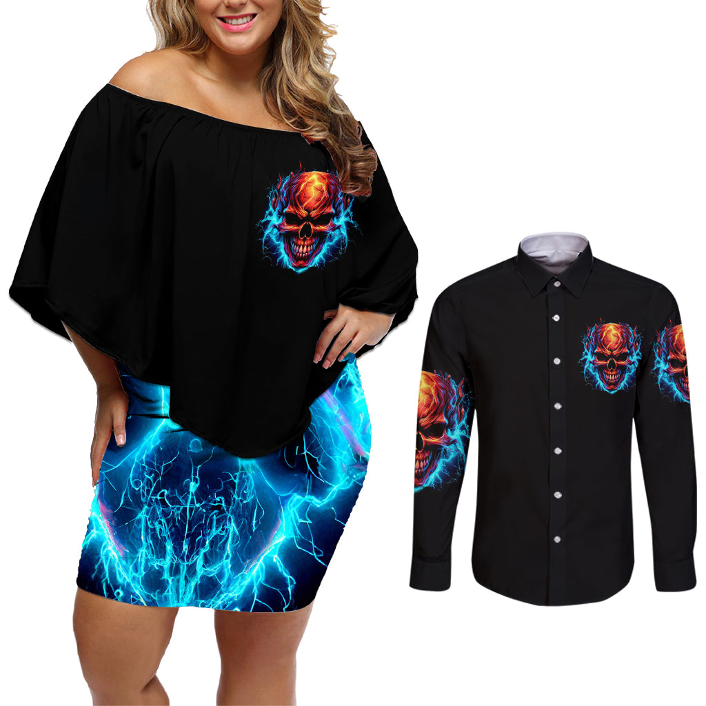 Thunder Skull Couples Matching Off Shoulder Short Dress and Long Sleeve Button Shirts I Can't Go To Hell Devil Restrainning Order Against Me - Wonder Print Shop