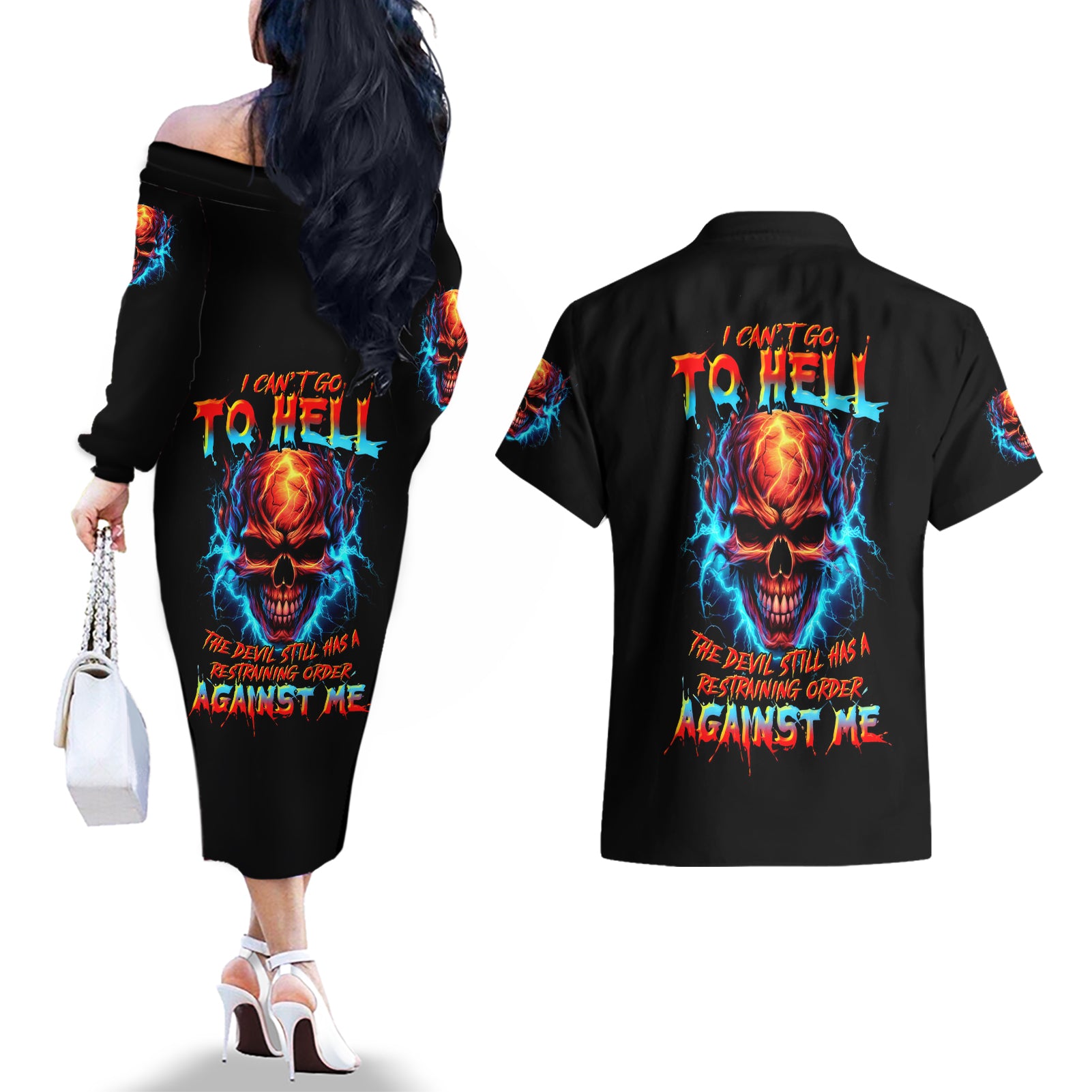 Thunder Skull Couples Matching Off The Shoulder Long Sleeve Dress and Hawaiian Shirt I Can't Go To Hell Devil Restrainning Order Against Me - Wonder Print Shop