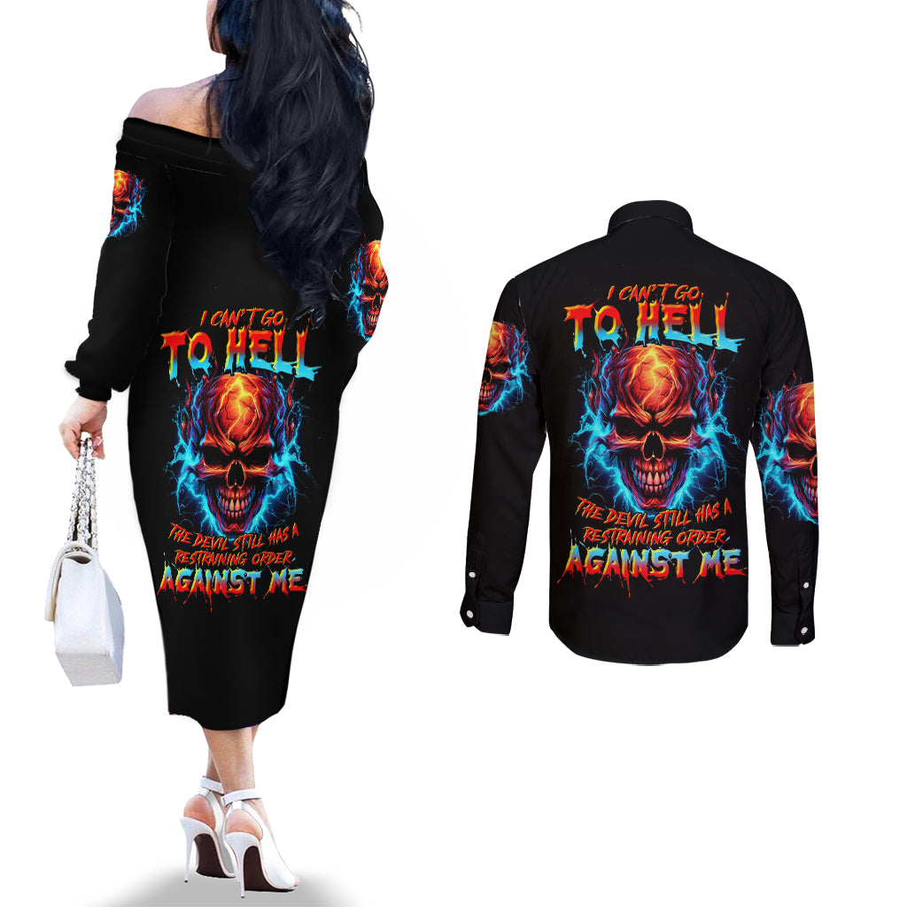 Thunder Skull Couples Matching Off The Shoulder Long Sleeve Dress and Long Sleeve Button Shirts I Can't Go To Hell Devil Restrainning Order Against Me DT01