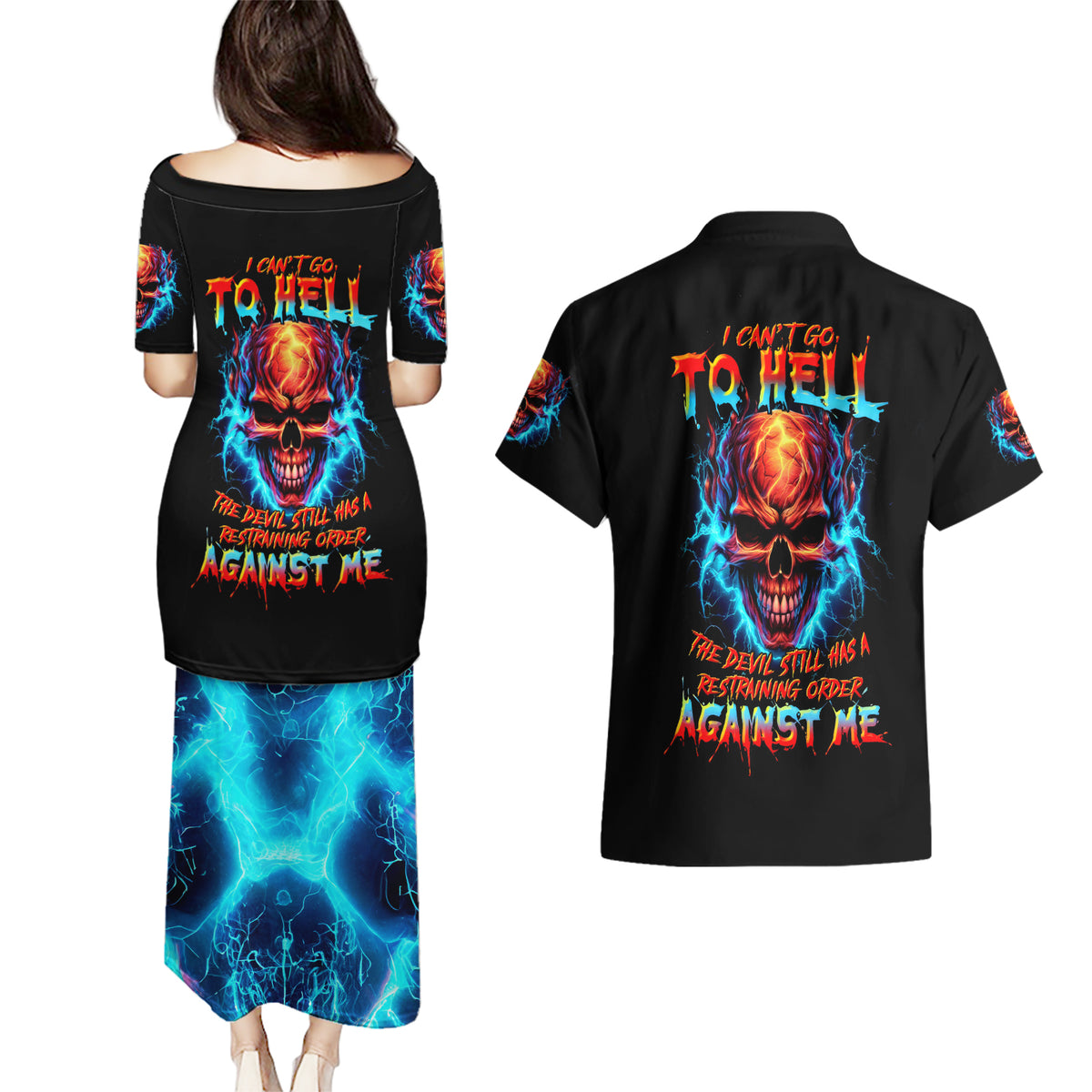 Thunder Skull Couples Matching Puletasi Dress and Hawaiian Shirt I Can't Go To Hell Devil Restrainning Order Against Me - Wonder Print Shop