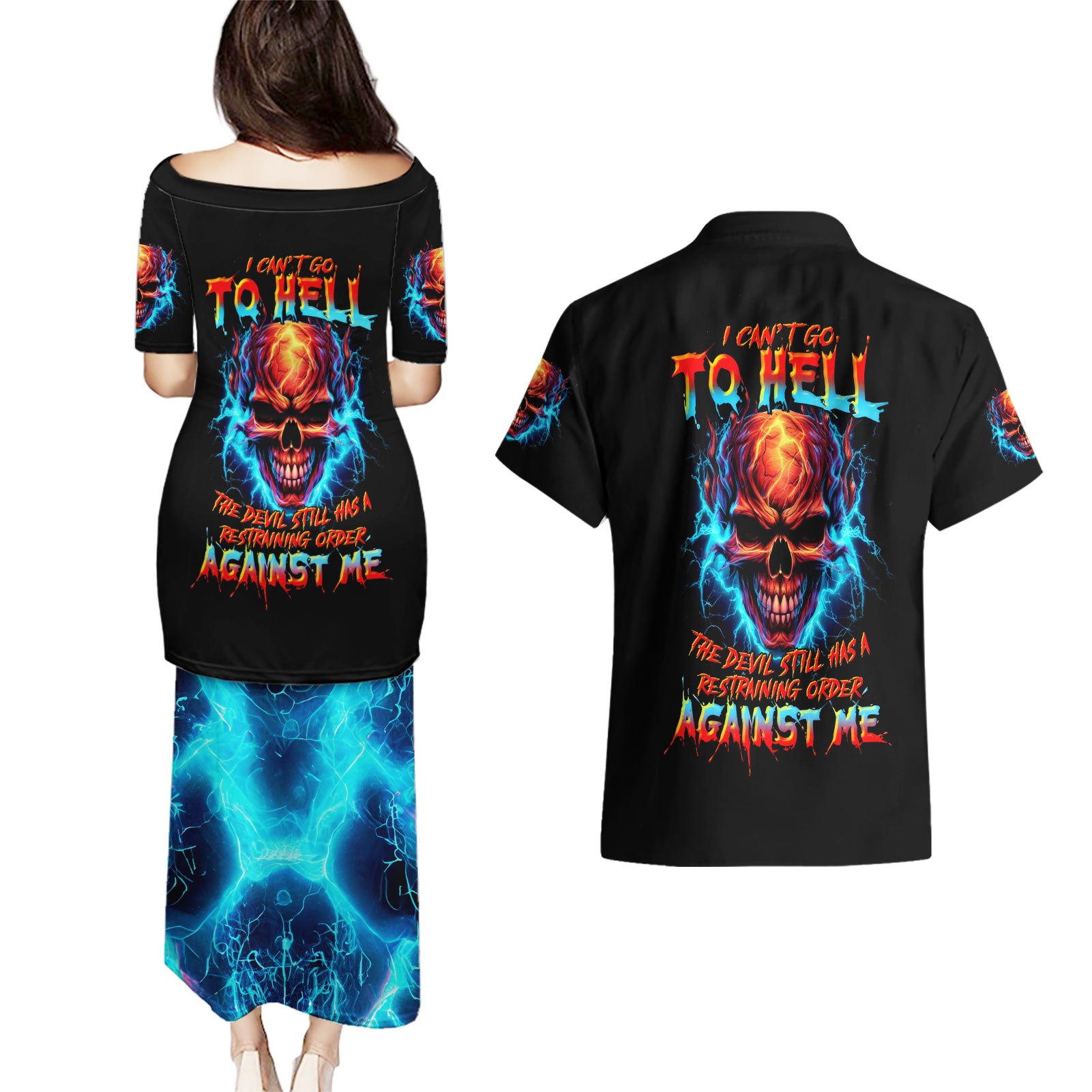 Thunder Skull Couples Matching Puletasi Dress and Hawaiian Shirt I Can't Go To Hell Devil Restrainning Order Against Me - Wonder Print Shop