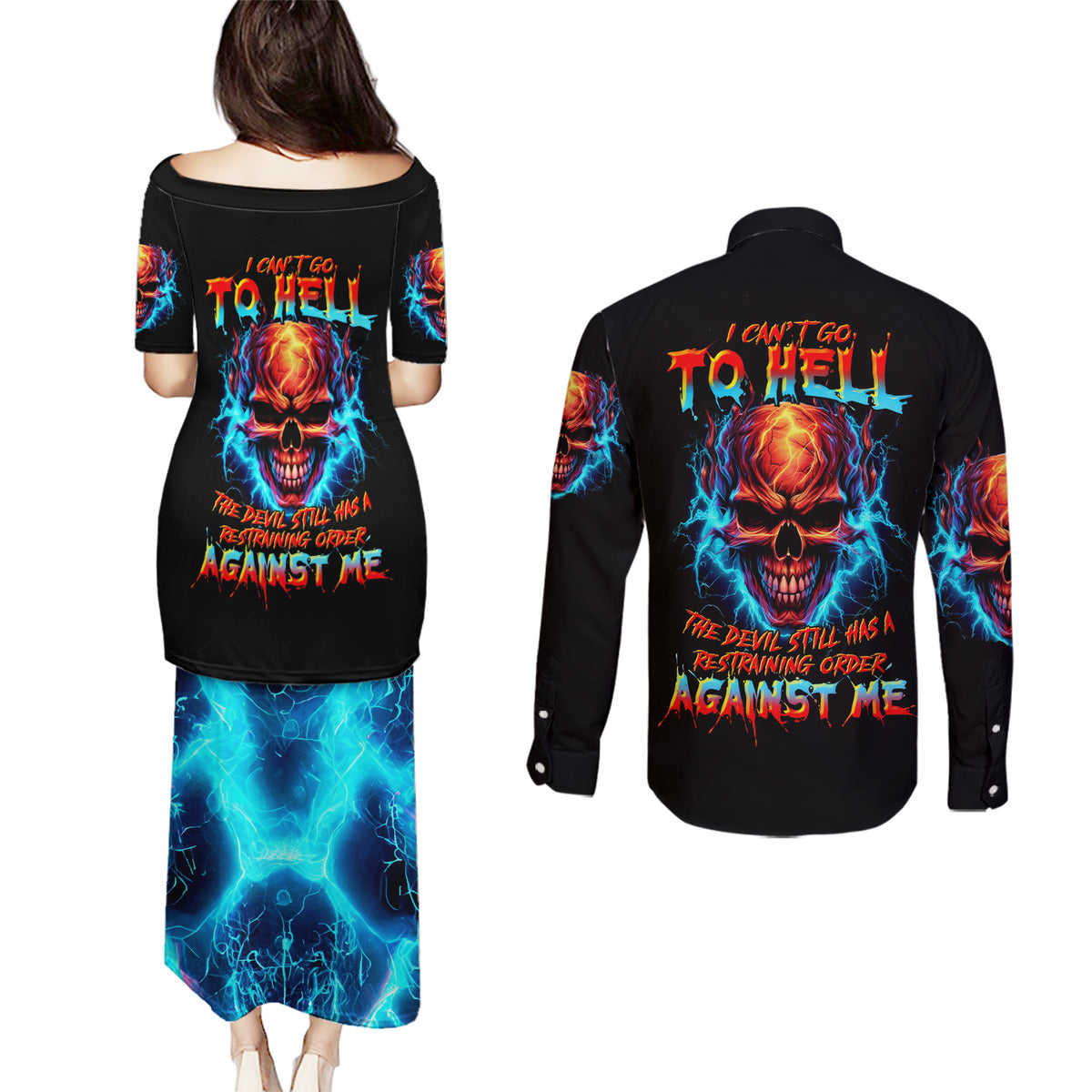 Thunder Skull Couples Matching Puletasi Dress and Long Sleeve Button Shirts I Can't Go To Hell Devil Restrainning Order Against Me - Wonder Print Shop
