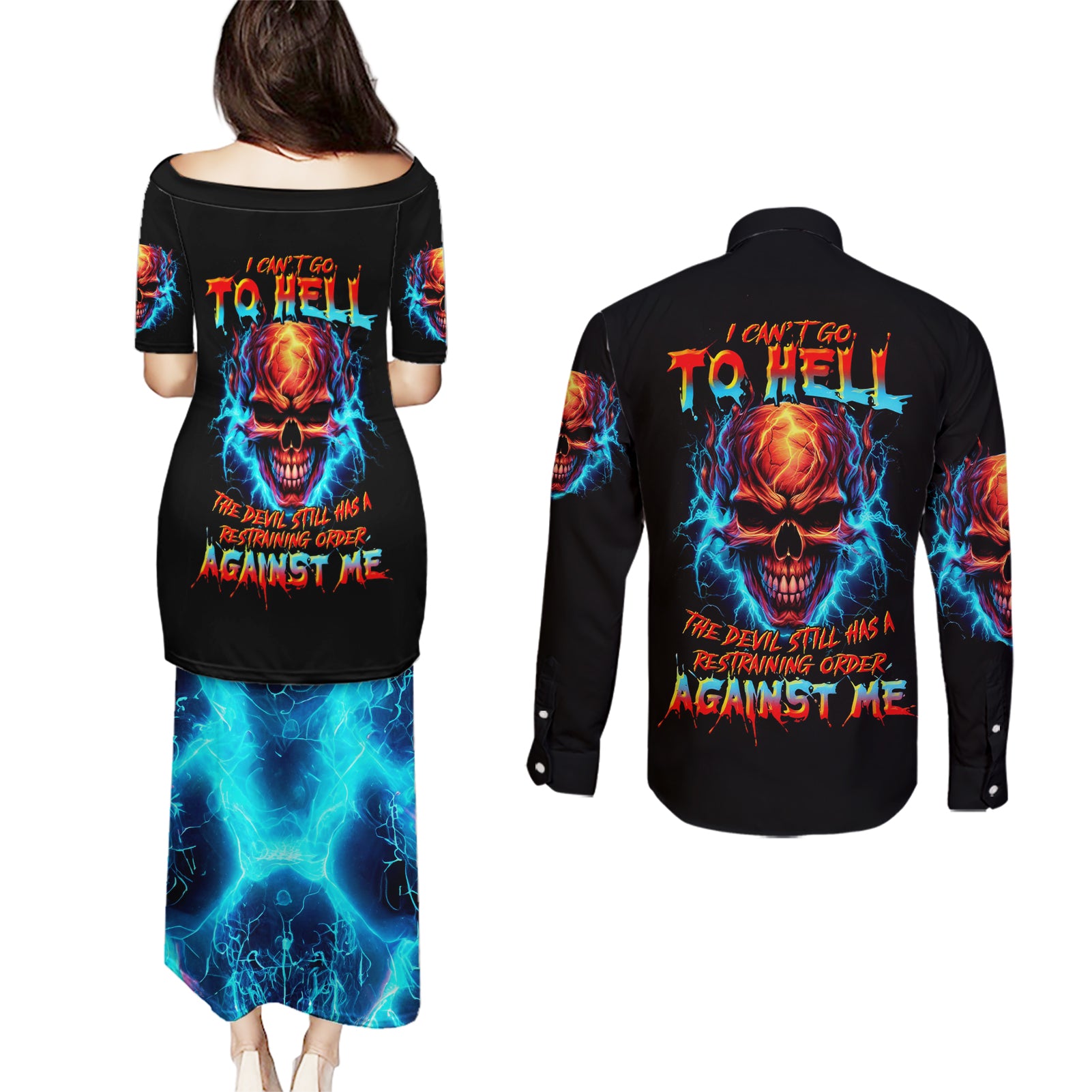 Thunder Skull Couples Matching Puletasi Dress and Long Sleeve Button Shirts I Can't Go To Hell Devil Restrainning Order Against Me - Wonder Print Shop