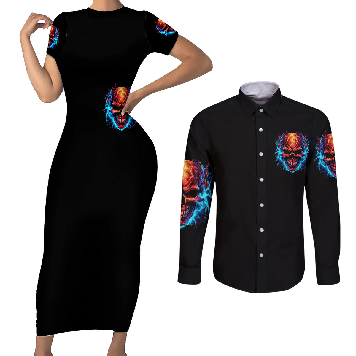Thunder Skull Couples Matching Short Sleeve Bodycon Dress and Long Sleeve Button Shirts I Can't Go To Hell Devil Restrainning Order Against Me - Wonder Print Shop
